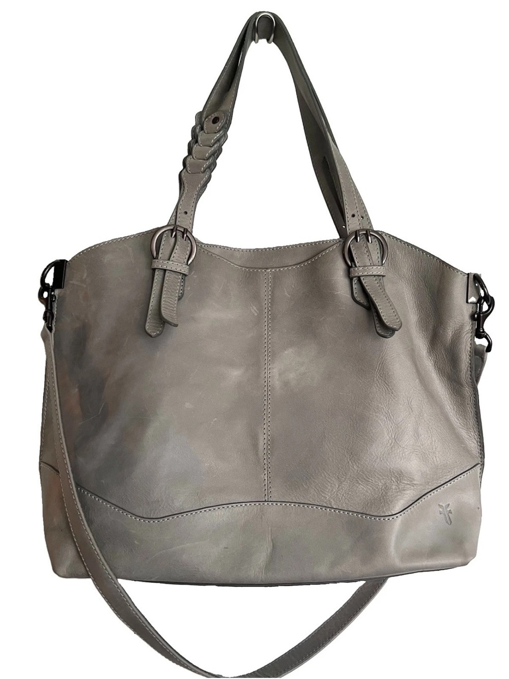 Frye Maddie Ash Gray Leather Large Buckle Satchel Shopper Tote Crossbody Bag